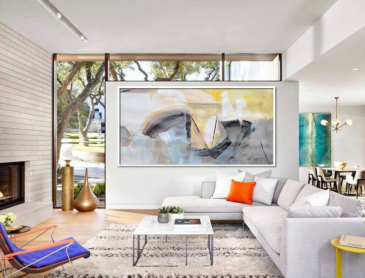 Large Abstract Art,Horizontal Palette Knife Contemporary Art Panoramic Canvas Painting,Textured Painting Canvas Art,White,Yellow,Grey,Black.etc